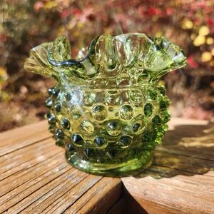 Fenton Colonial Green Hobnail Ruffled Edge Posey Vase / Candle Holder
